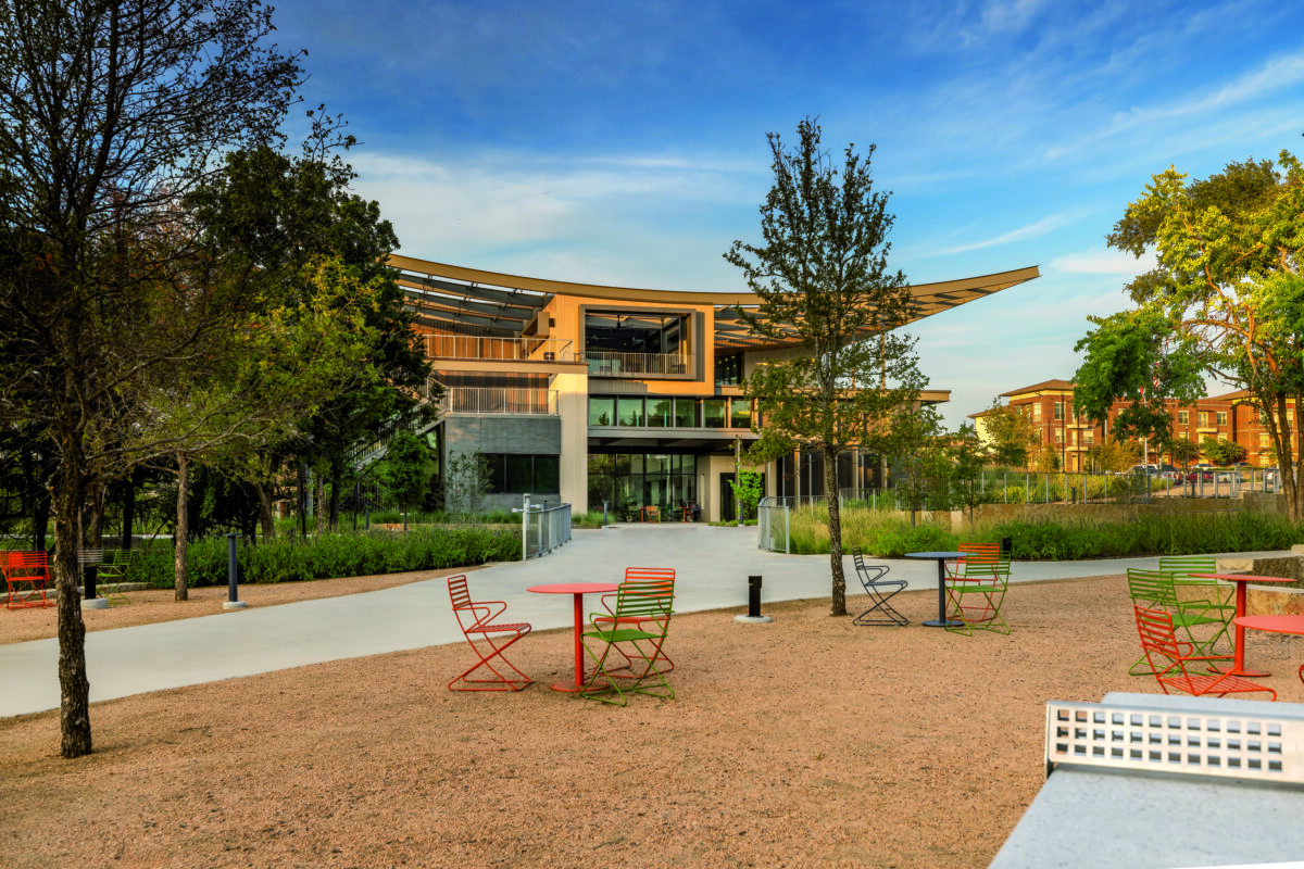 traphene library exterior shot seating area