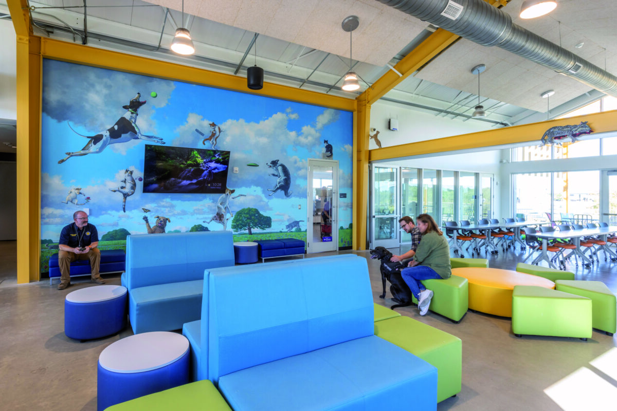 people and dog in a seating area