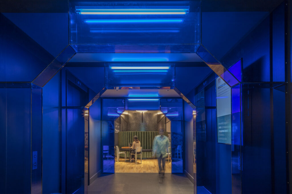 space themed elevator lobby