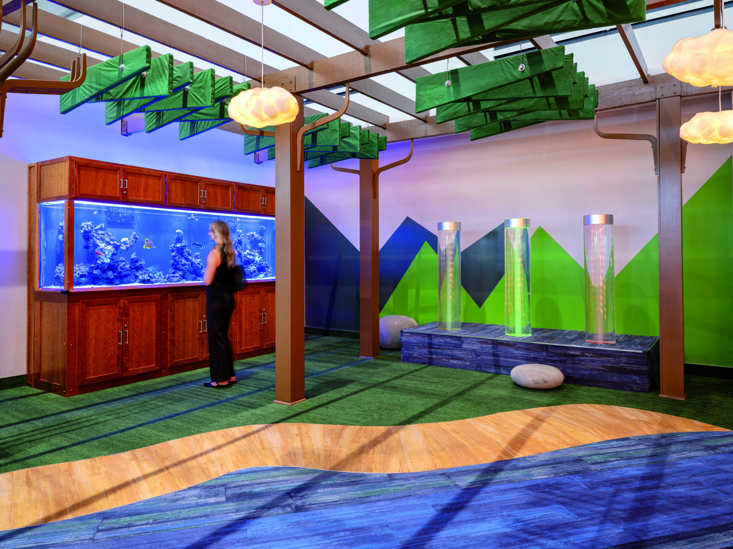 person looking at fish tank