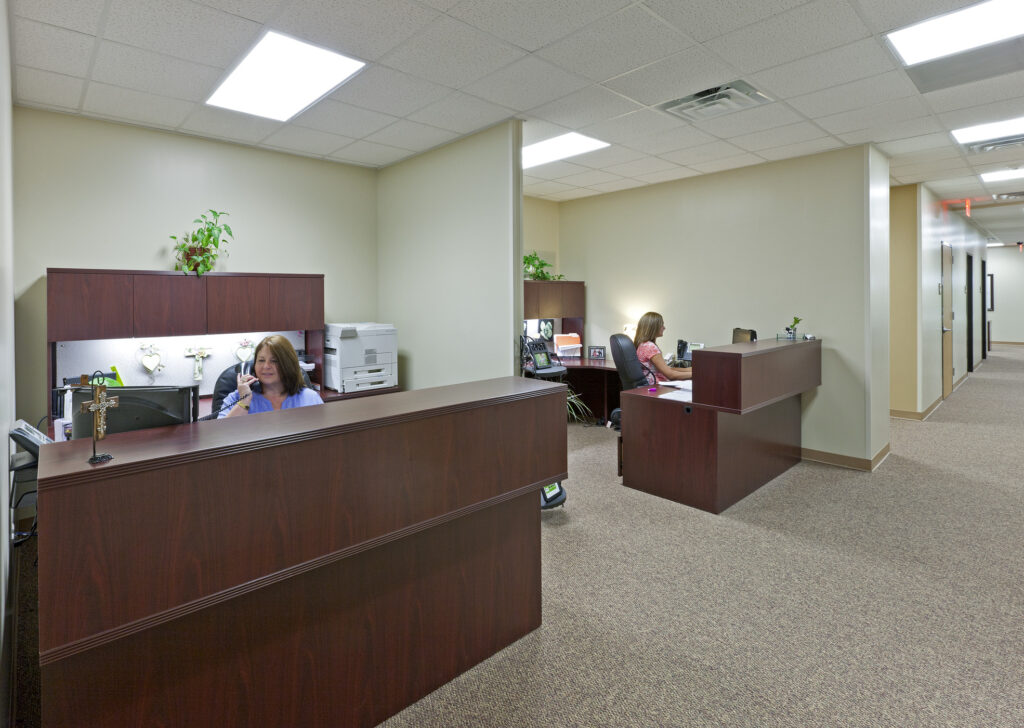 people working at counters