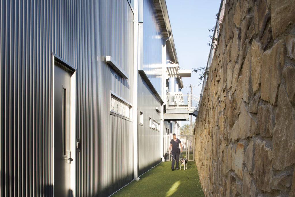 dog and person outside of animal facility