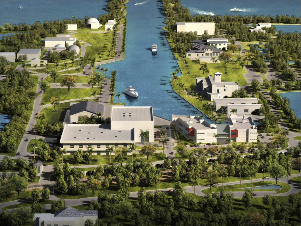 aerial view of campus and harbor