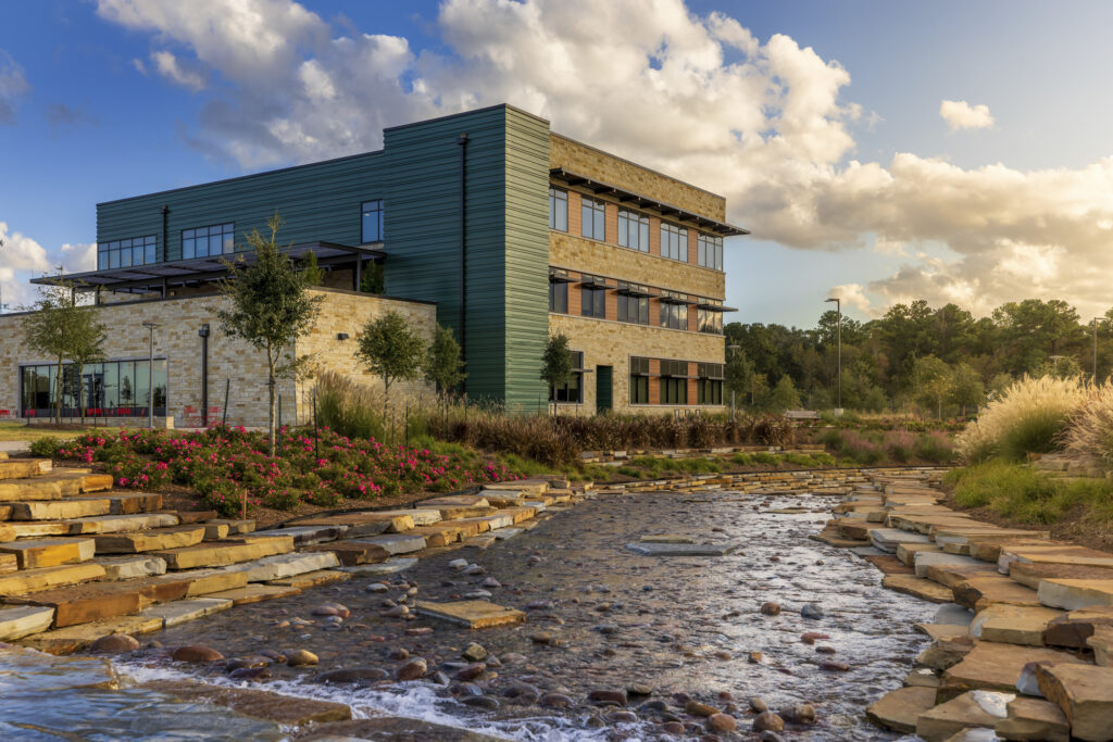 building exterior with water feature