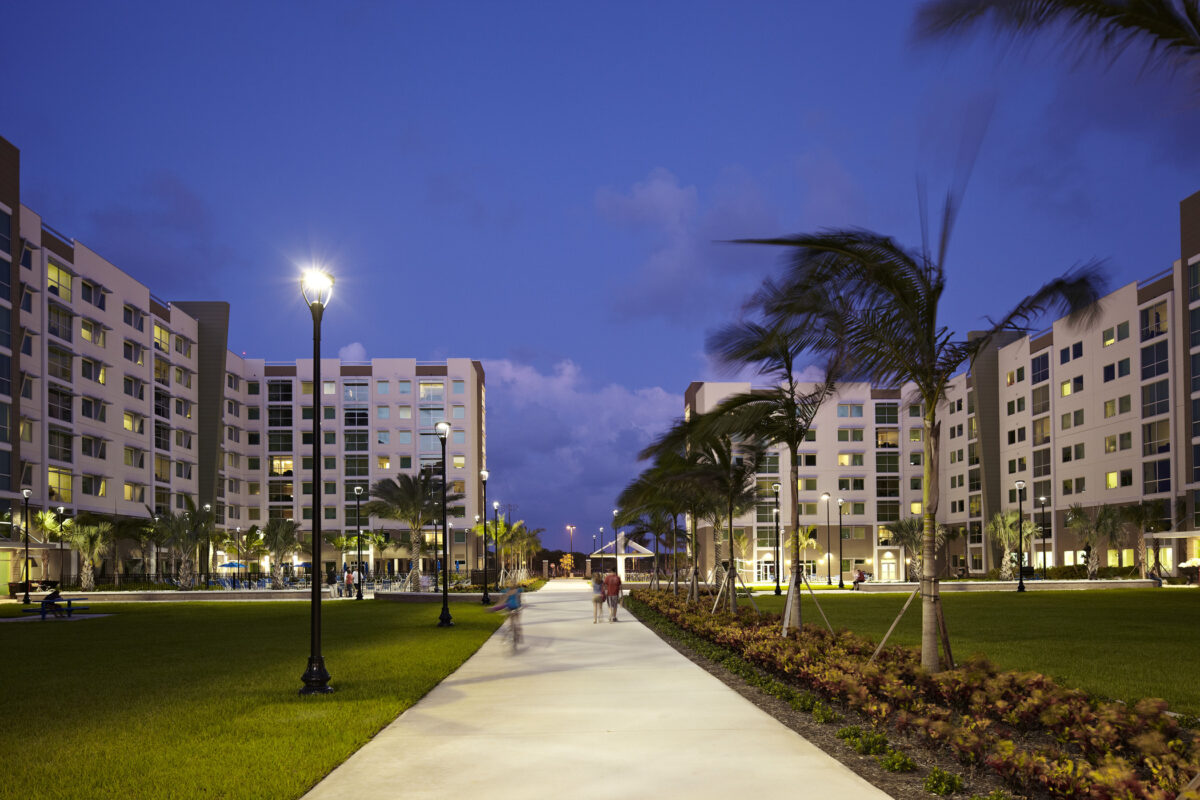 outdoor amenities space between residential buildings