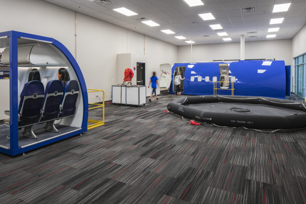 life raft and partial aircraft in training facility