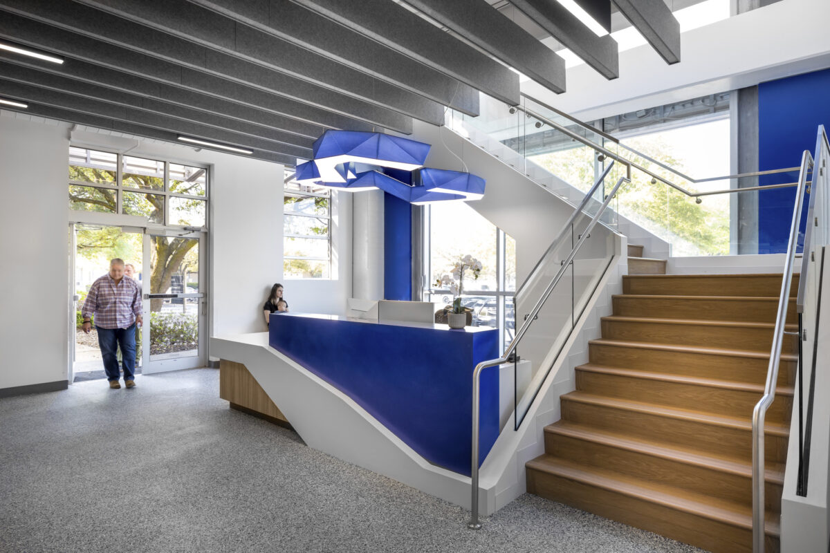 welcome desk and staircase