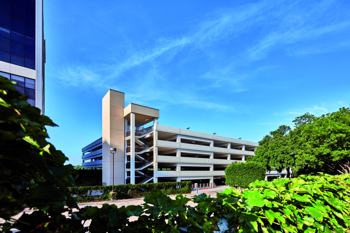 exterior image of the parking garage including the corner stairwell
