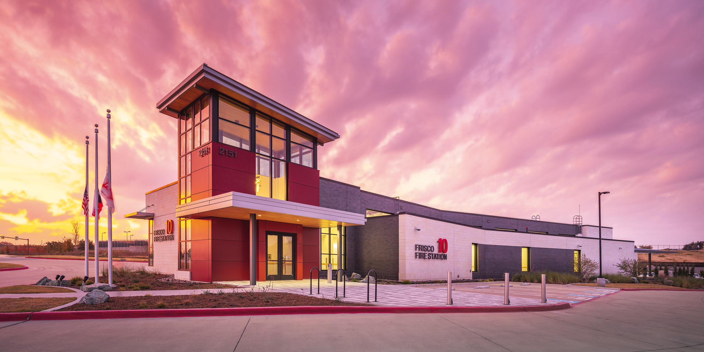 Exterior of fire station at dusk