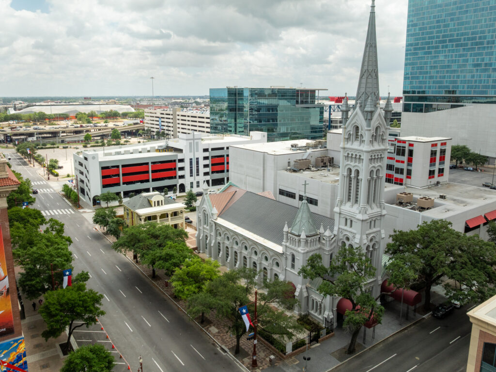 Drone exterior showing cathedral